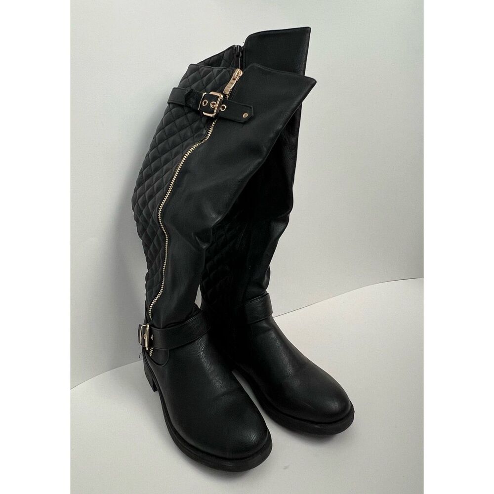 DREAM PAIRS Knee High Low Heel Round Toe Biker Motorcycle Boots Shoes 6.5